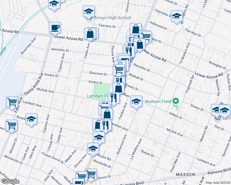 map of restaurants, bars, coffee shops, grocery stores, and more near 4506 Peck Road in El Monte