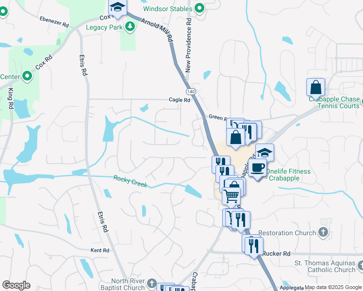 map of restaurants, bars, coffee shops, grocery stores, and more near 525 Brook Circle in Roswell