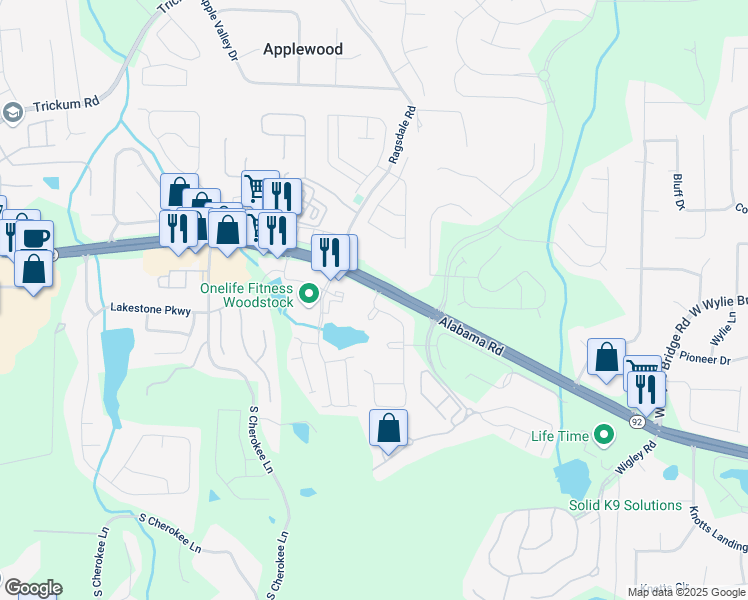 map of restaurants, bars, coffee shops, grocery stores, and more near 104 Marlow Drive in Woodstock