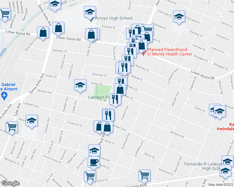 map of restaurants, bars, coffee shops, grocery stores, and more near 4506 Peck Road in El Monte