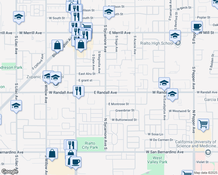 map of restaurants, bars, coffee shops, grocery stores, and more near 321 East Fromer Street in Rialto