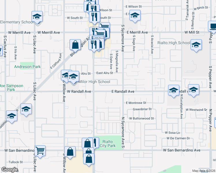 map of restaurants, bars, coffee shops, grocery stores, and more near 236 East Fromer Street in Rialto