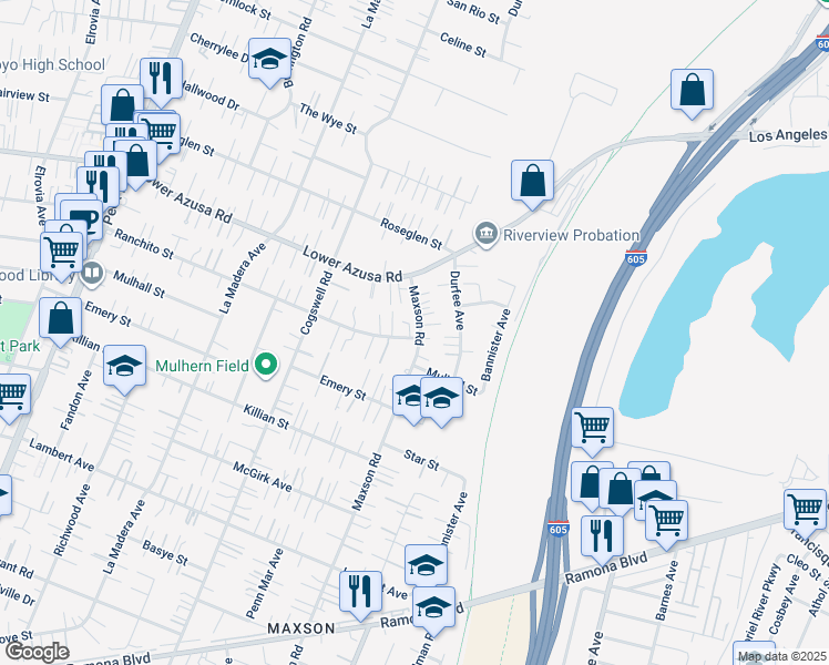 map of restaurants, bars, coffee shops, grocery stores, and more near 4719 Maxson Road in El Monte