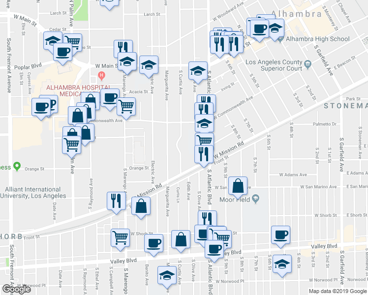 map of restaurants, bars, coffee shops, grocery stores, and more near 404 South Curtis Avenue in Alhambra