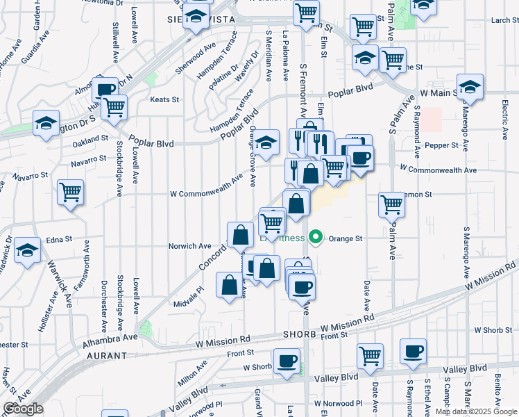 map of restaurants, bars, coffee shops, grocery stores, and more near 656 Orange Grove Avenue in Alhambra