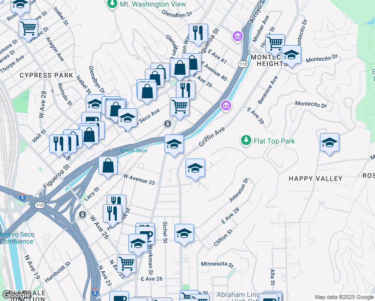 map of restaurants, bars, coffee shops, grocery stores, and more near 121 East Avenue 35 in Los Angeles