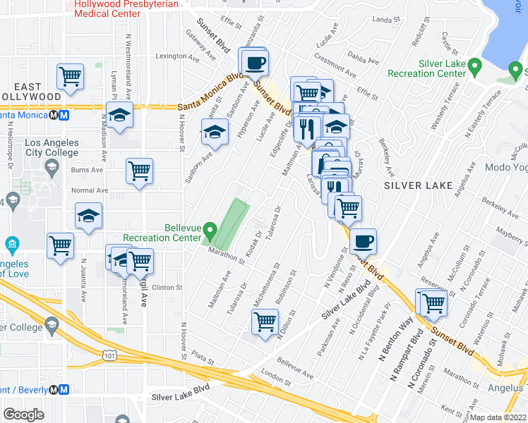 map of restaurants, bars, coffee shops, grocery stores, and more near 962 Maltman Avenue in Los Angeles