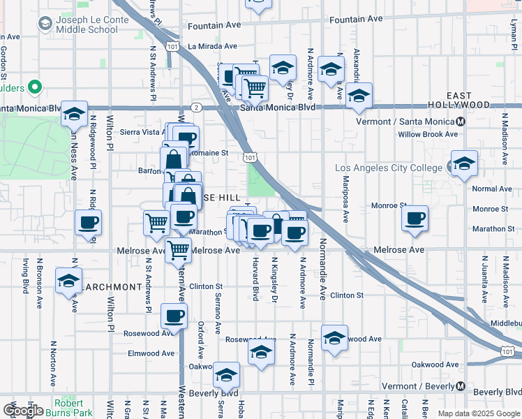 map of restaurants, bars, coffee shops, grocery stores, and more near 850 North Hobart Boulevard in Los Angeles