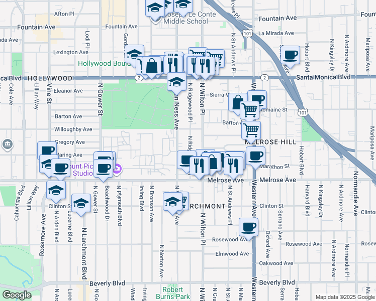 map of restaurants, bars, coffee shops, grocery stores, and more near 818 North Van Ness Avenue in Los Angeles