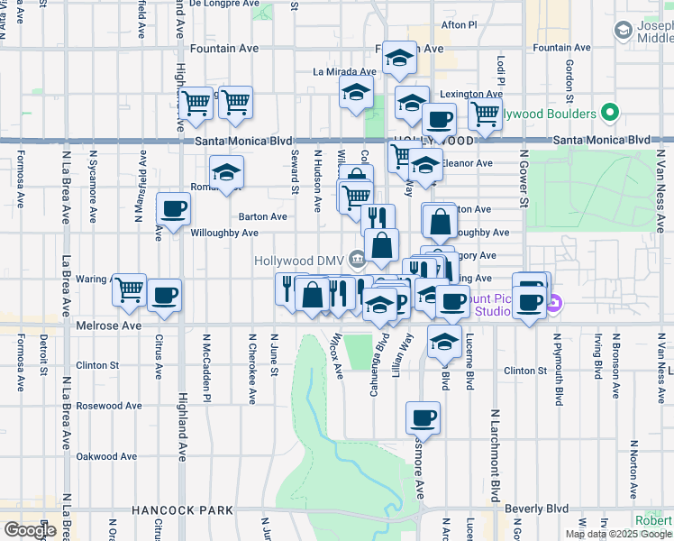 map of restaurants, bars, coffee shops, grocery stores, and more near 822 Wilcox Avenue in Los Angeles