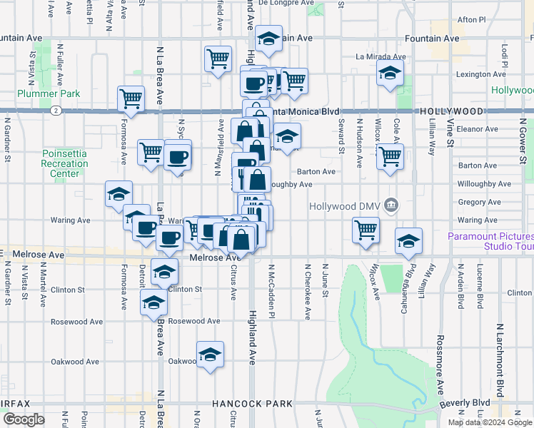 map of restaurants, bars, coffee shops, grocery stores, and more near 821 North McCadden Place in Los Angeles