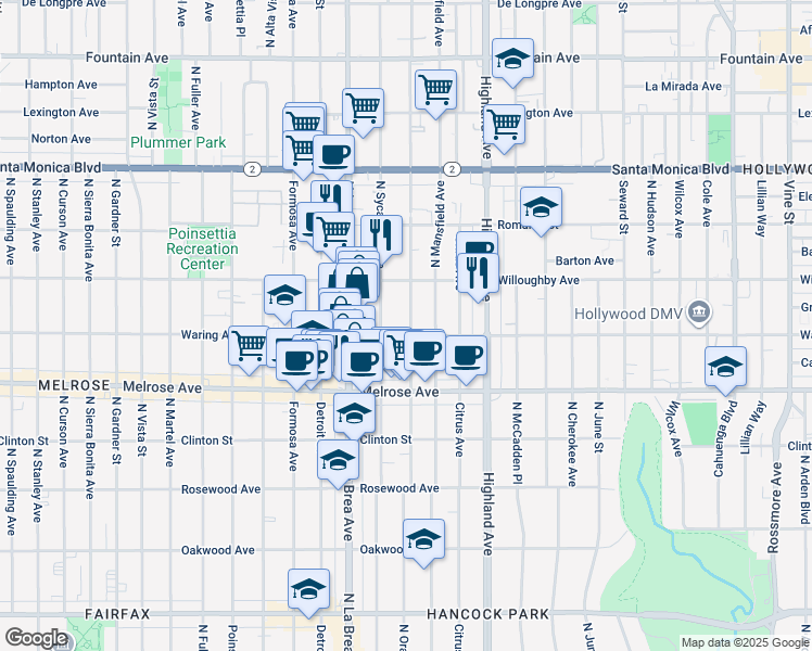 map of restaurants, bars, coffee shops, grocery stores, and more near 824 North Sycamore Avenue in Los Angeles