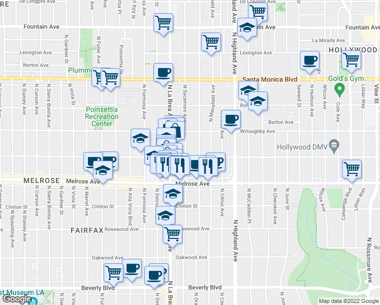 map of restaurants, bars, coffee shops, grocery stores, and more near 824 North Sycamore Avenue in Los Angeles