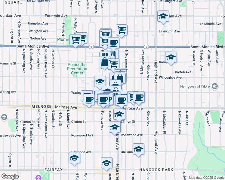 map of restaurants, bars, coffee shops, grocery stores, and more near 823 North Detroit Street in Los Angeles