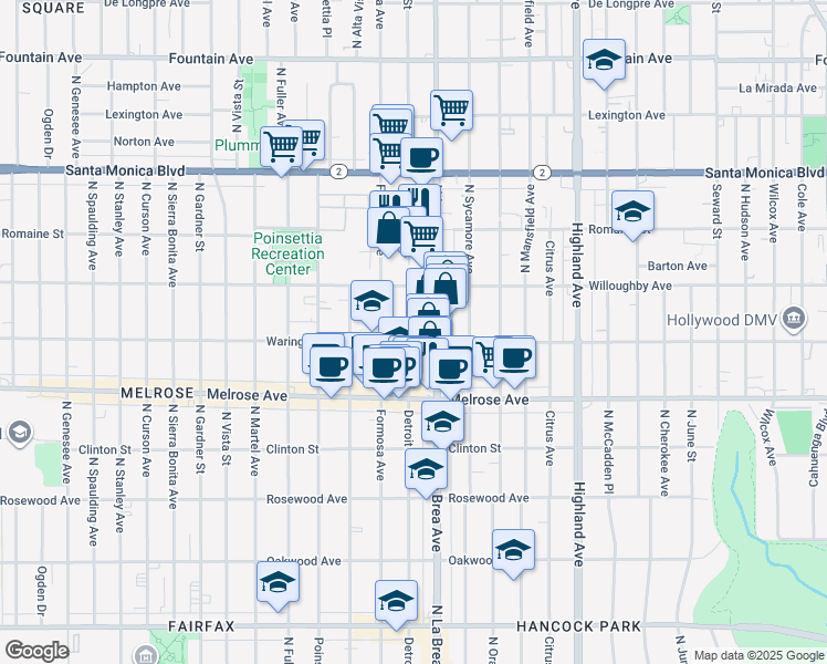 map of restaurants, bars, coffee shops, grocery stores, and more near 823 North Detroit Street in Los Angeles