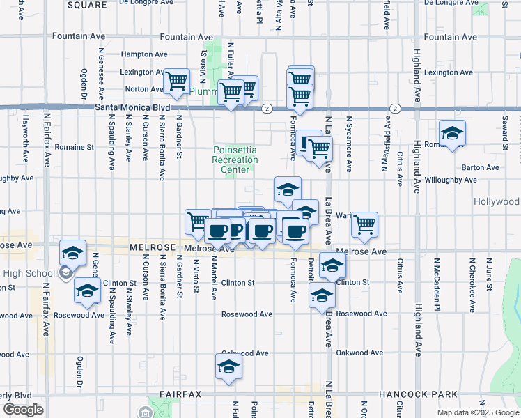 map of restaurants, bars, coffee shops, grocery stores, and more near 824 North Poinsettia Place in Los Angeles