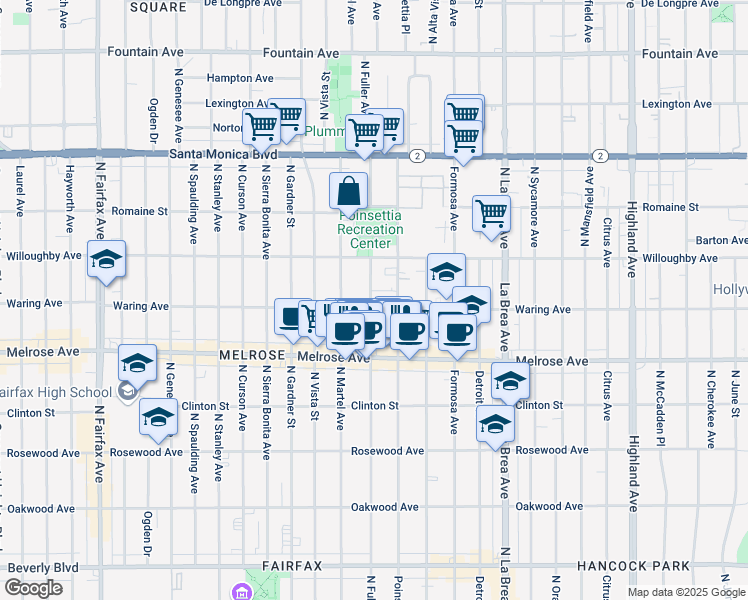 map of restaurants, bars, coffee shops, grocery stores, and more near 823 North Fuller Avenue in Los Angeles