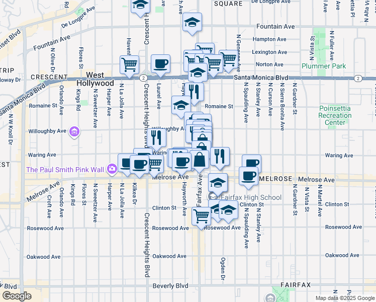 map of restaurants, bars, coffee shops, grocery stores, and more near 801 North Fairfax Avenue in Los Angeles