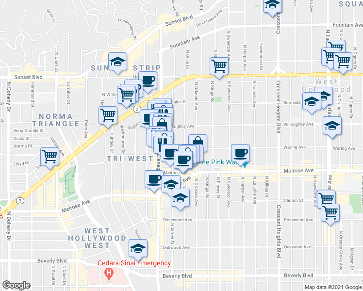 map of restaurants, bars, coffee shops, grocery stores, and more near 822 North Croft Avenue in Los Angeles