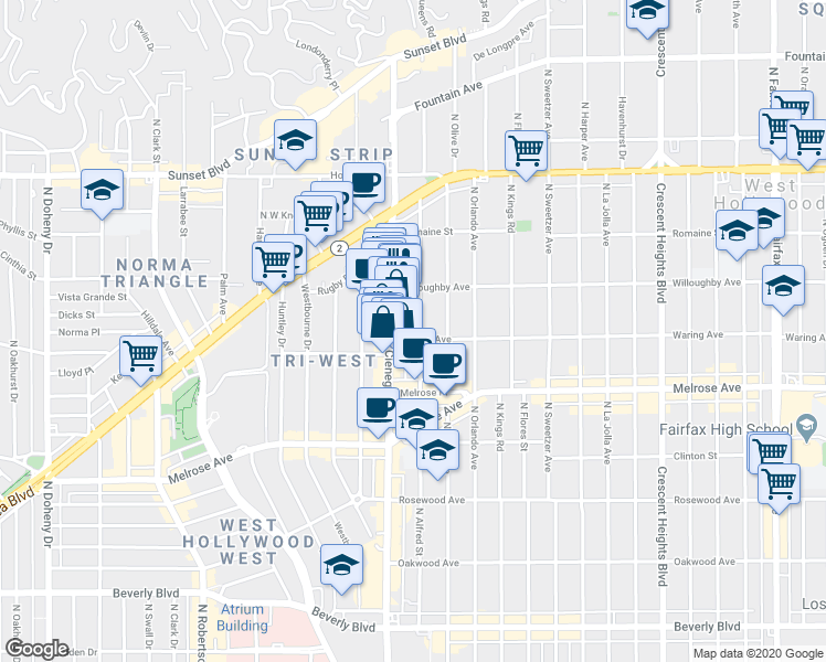 map of restaurants, bars, coffee shops, grocery stores, and more near 821 North Alfred Street in Los Angeles