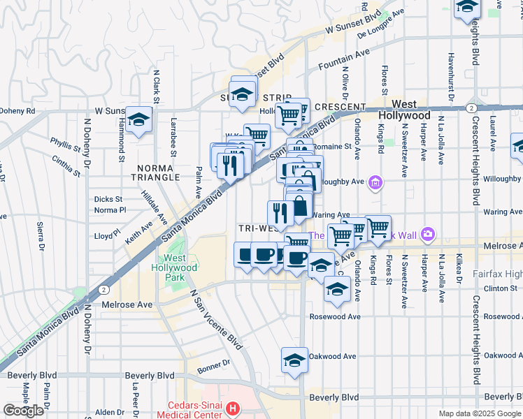 map of restaurants, bars, coffee shops, grocery stores, and more near 840 Westmount Drive in West Hollywood