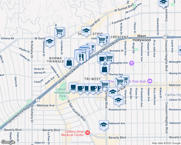 map of restaurants, bars, coffee shops, grocery stores, and more near 833 Westbourne Drive in West Hollywood