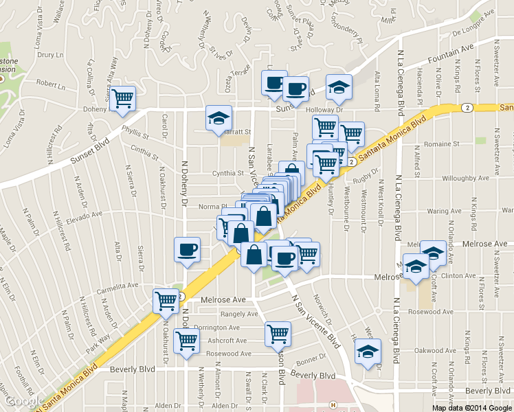map of restaurants, bars, coffee shops, grocery stores, and more near 855 Hilldale Avenue in West Hollywood