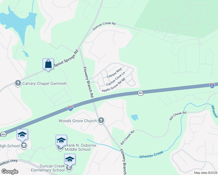 map of restaurants, bars, coffee shops, grocery stores, and more near 5891 Apple Grove Road Northeast in Buford
