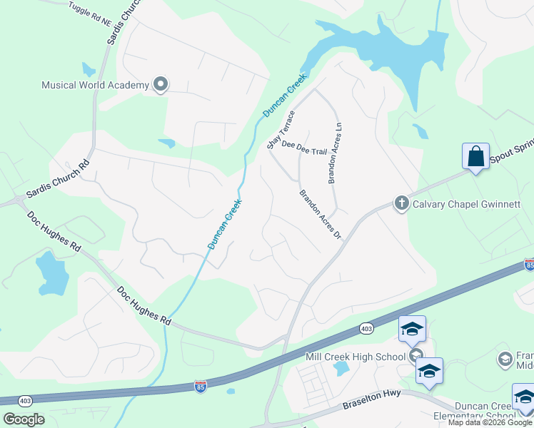 map of restaurants, bars, coffee shops, grocery stores, and more near 2398 Well Springs Drive in Buford