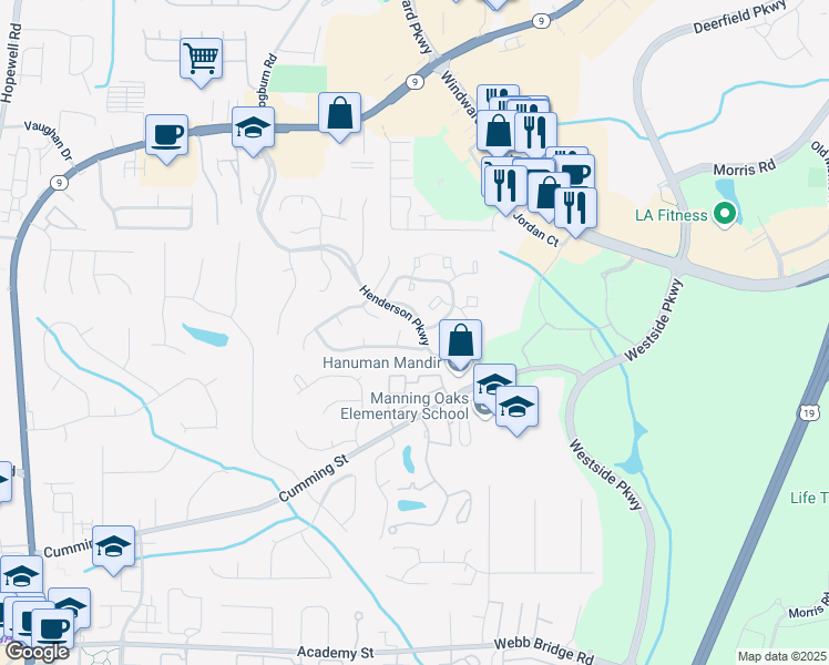 map of restaurants, bars, coffee shops, grocery stores, and more near 4025 Lullwater Way in Alpharetta