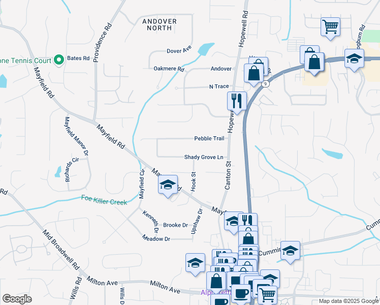 map of restaurants, bars, coffee shops, grocery stores, and more near 195 Shady Grove Lane in Alpharetta