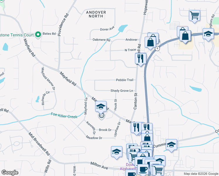 map of restaurants, bars, coffee shops, grocery stores, and more near 215 Shady Grove Lane in Alpharetta