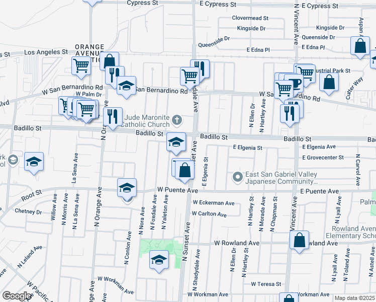 map of restaurants, bars, coffee shops, grocery stores, and more near 763 North Sunset Avenue in West Covina