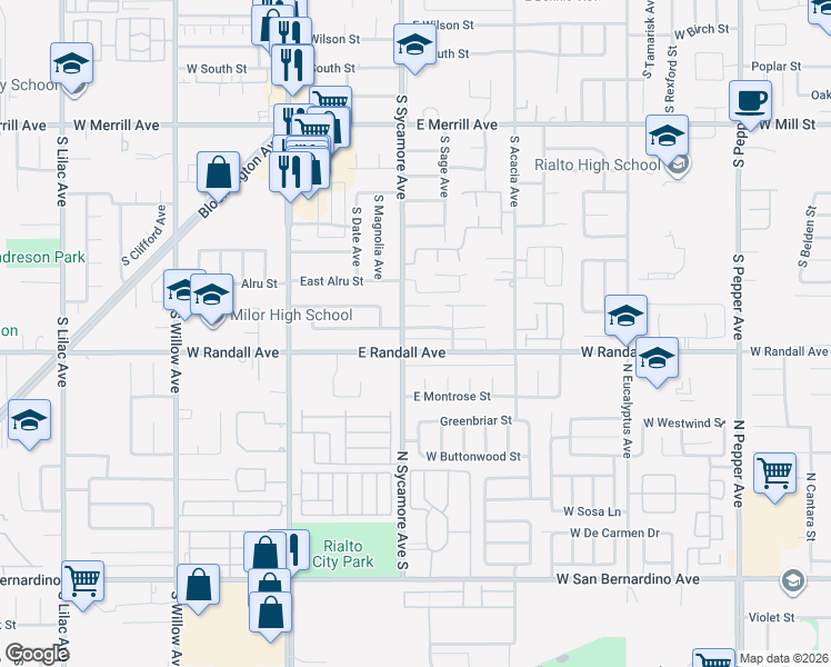 map of restaurants, bars, coffee shops, grocery stores, and more near 321 East Fromer Street in Rialto