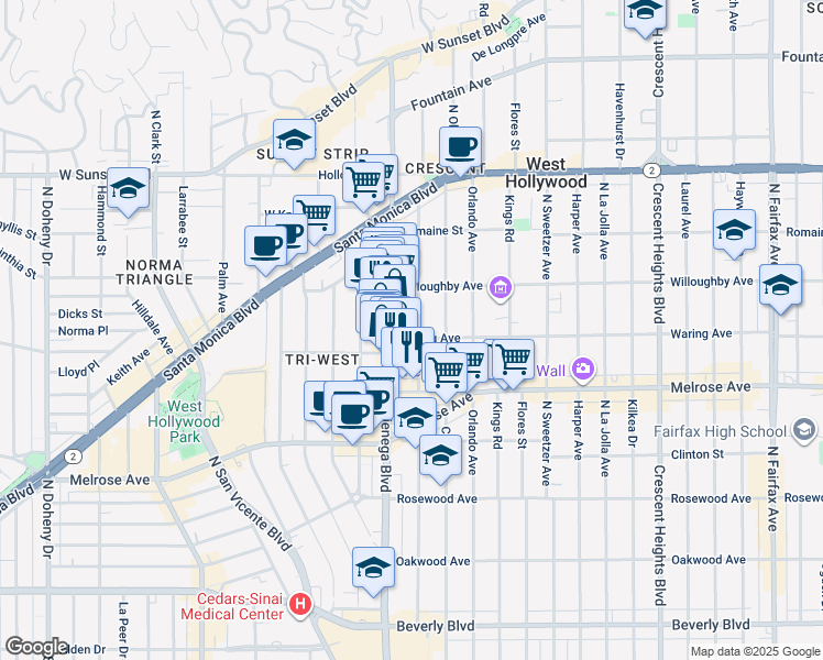 map of restaurants, bars, coffee shops, grocery stores, and more near 821 North Alfred Street in Los Angeles