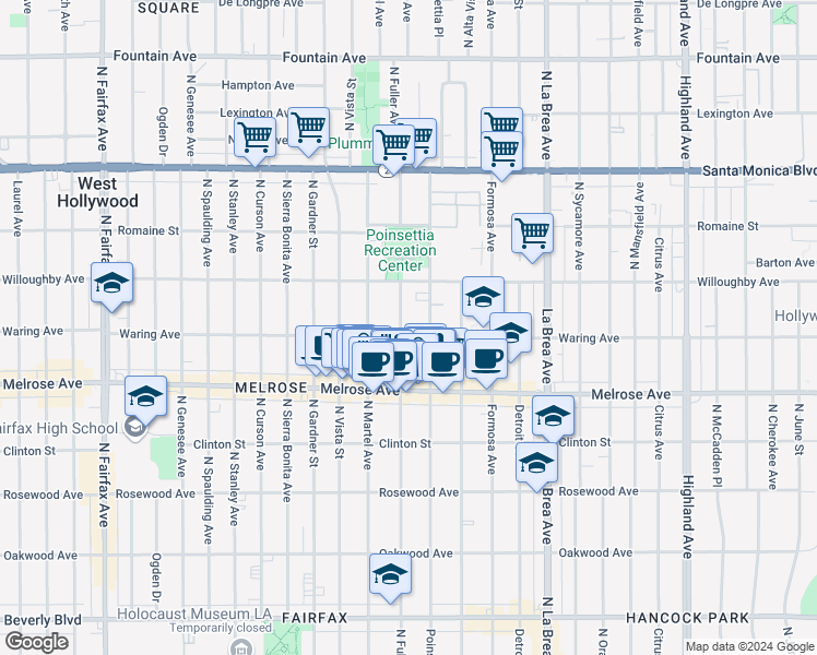 map of restaurants, bars, coffee shops, grocery stores, and more near 810 North Fuller Avenue in Los Angeles
