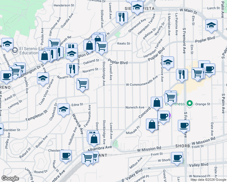 map of restaurants, bars, coffee shops, grocery stores, and more near 5482 Templeton Street in Los Angeles