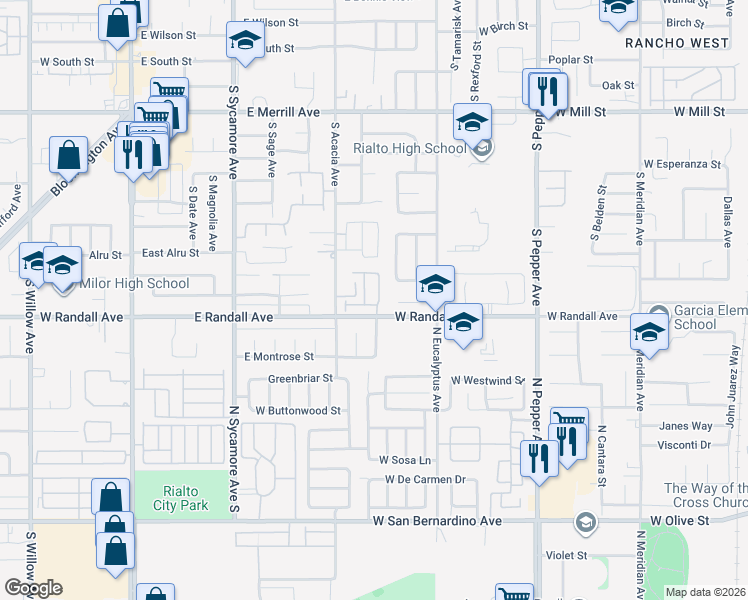 map of restaurants, bars, coffee shops, grocery stores, and more near 546 Grant Street in Rialto