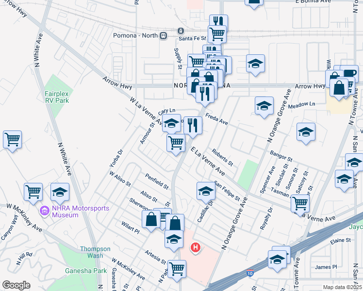 map of restaurants, bars, coffee shops, grocery stores, and more near 234 Promenade Street in Pomona