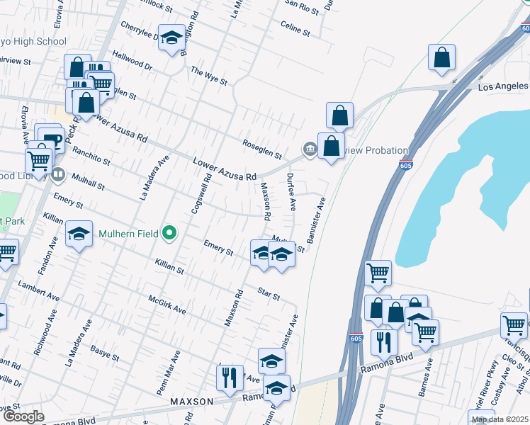 map of restaurants, bars, coffee shops, grocery stores, and more near 4719 Maxson Road in El Monte