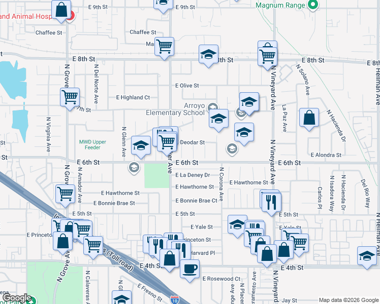 map of restaurants, bars, coffee shops, grocery stores, and more near 1521 North Marin Avenue in Ontario
