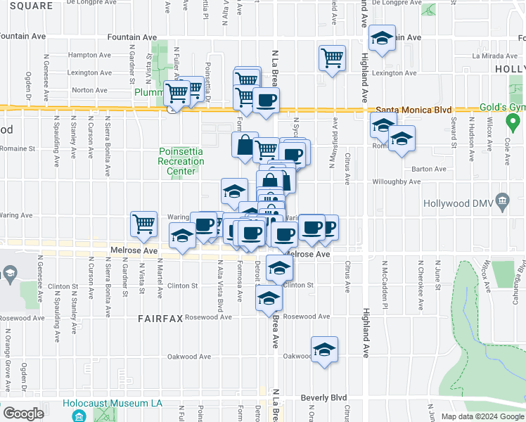 map of restaurants, bars, coffee shops, grocery stores, and more near 806 North Detroit Street in Los Angeles