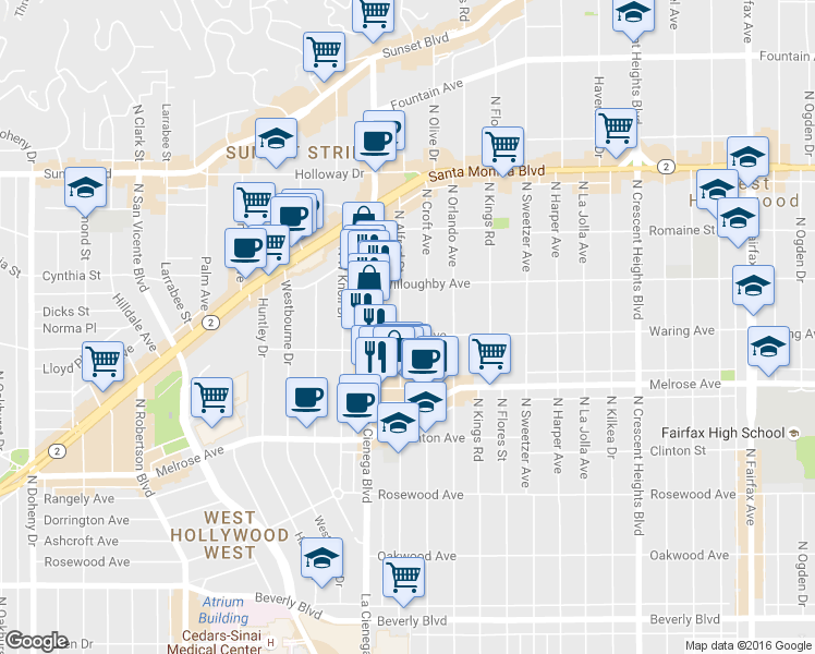 map of restaurants, bars, coffee shops, grocery stores, and more near 806 North Alfred Street in Los Angeles