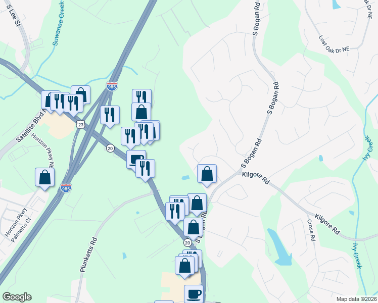 map of restaurants, bars, coffee shops, grocery stores, and more near 3728 Ridge Drive in Buford