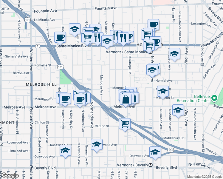 map of restaurants, bars, coffee shops, grocery stores, and more near 770 Alexandria Avenue in Los Angeles