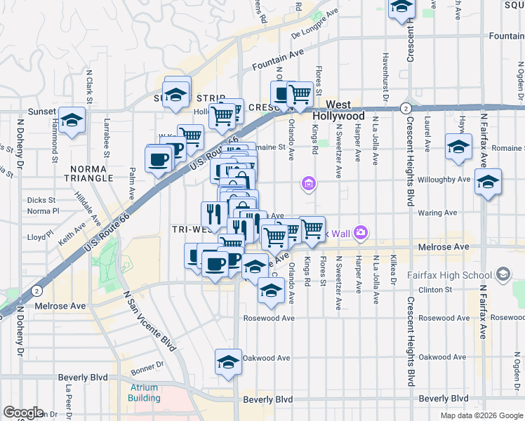 map of restaurants, bars, coffee shops, grocery stores, and more near 806 North Alfred Street in Los Angeles