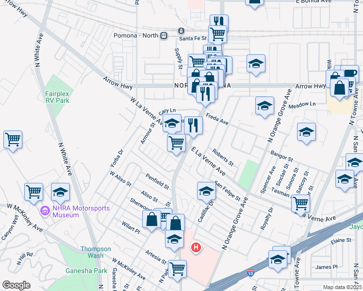 map of restaurants, bars, coffee shops, grocery stores, and more near 234 Promenade Street in Pomona