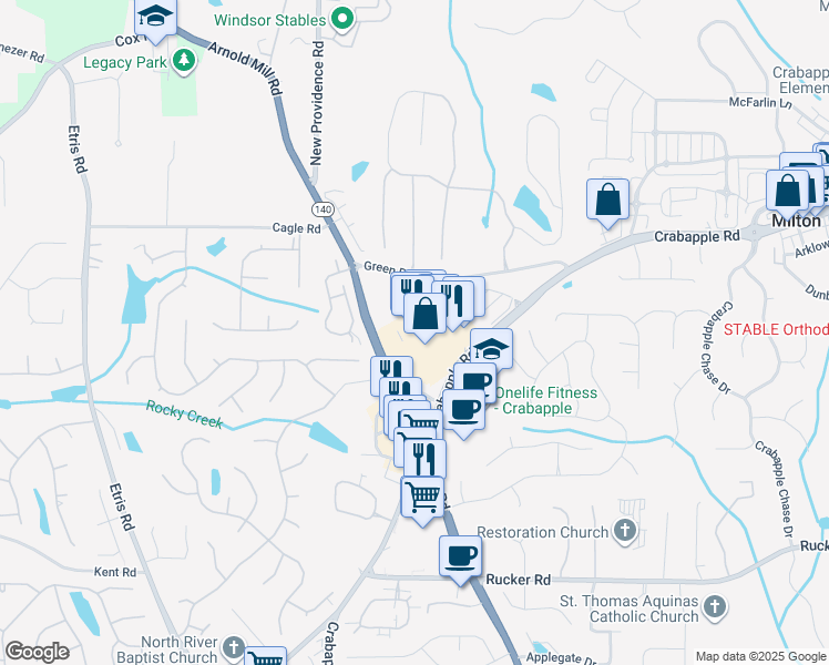 map of restaurants, bars, coffee shops, grocery stores, and more near 12460 Crabapple Road in Alpharetta