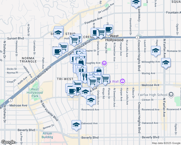 map of restaurants, bars, coffee shops, grocery stores, and more near 807 Croft Avenue in Los Angeles