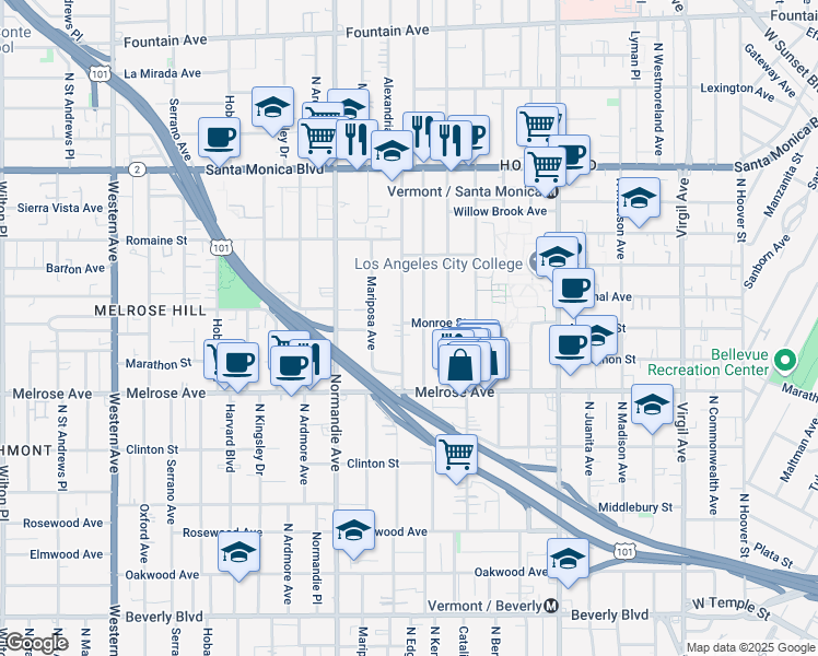 map of restaurants, bars, coffee shops, grocery stores, and more near 770 Alexandria Avenue in Los Angeles